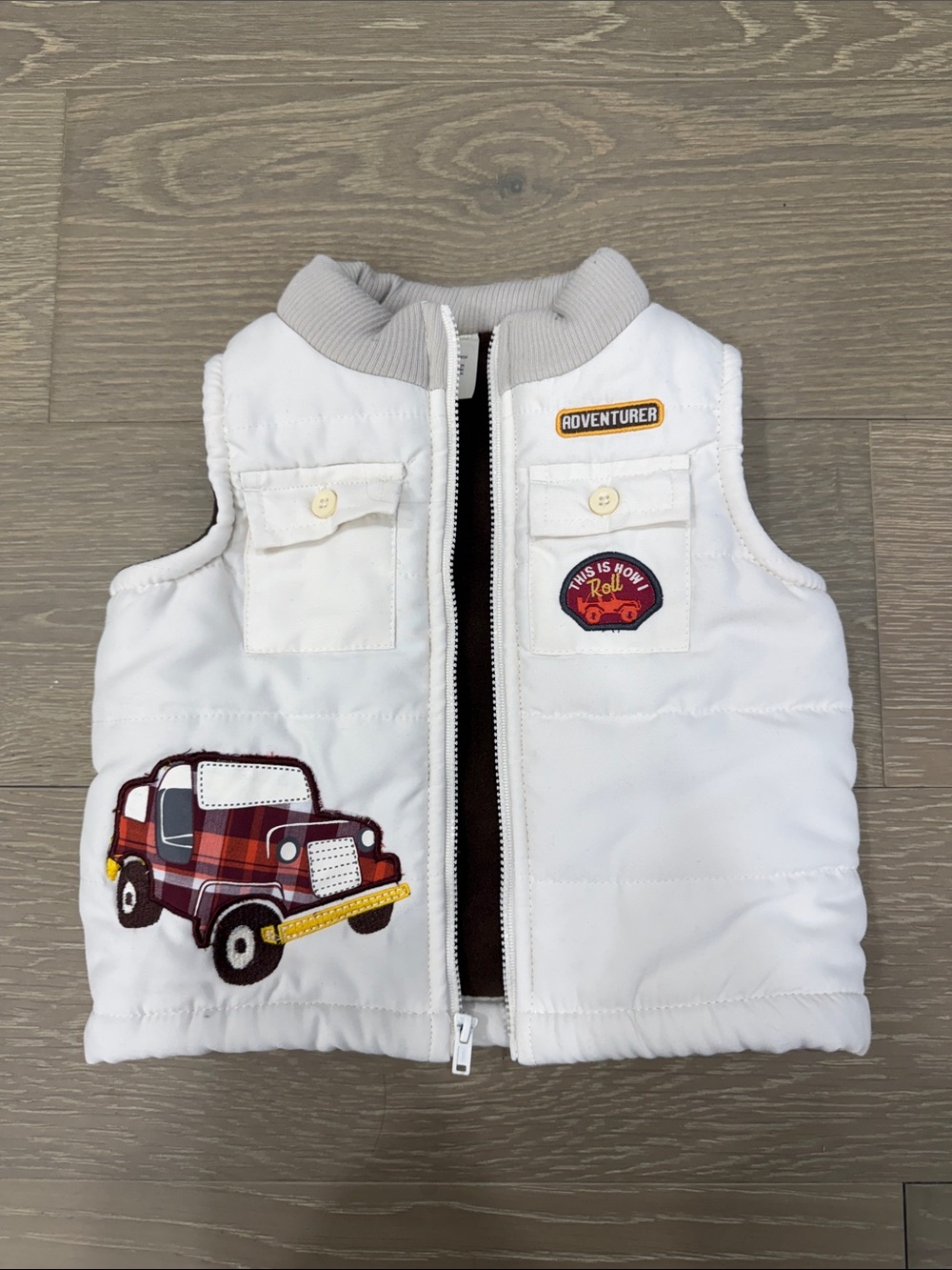 Wonderkids White Vest with Red Plaid Car Patch